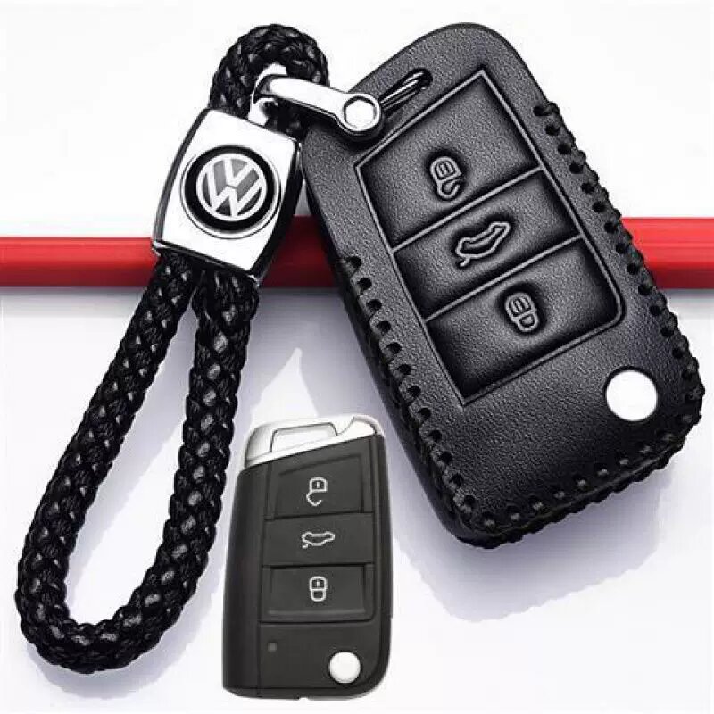 Кожаный чехол для ключа Volkswagen Taigo 2026, полный чехол с плетеной веревкой, черный, совместим с системой