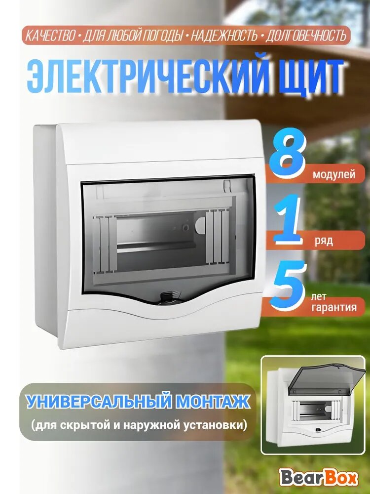 Универсальный пластиковый распределительный щит для скрытой и наружной установки (8 модулей)