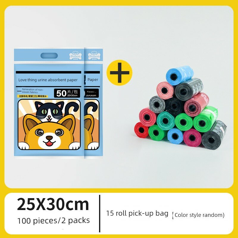 Кошачьи и собачьи впитывающие подгузники 25x30см 100 шт. с 15 рулонами мусорных пакетов 32x23см, случайный цвет
