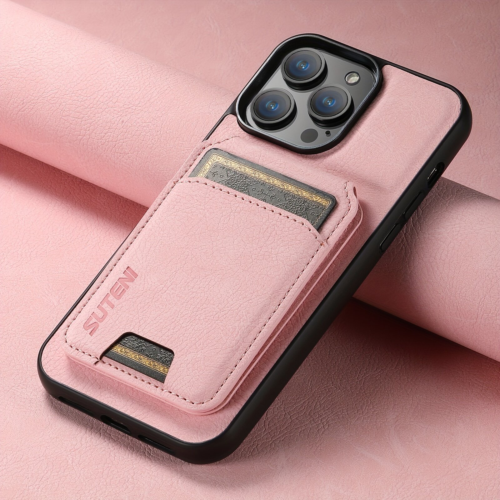 Защитный чехол для смартфона из экокожи с текстурой «личи» и кармашком для карт, розовый, для модели 16 Pro