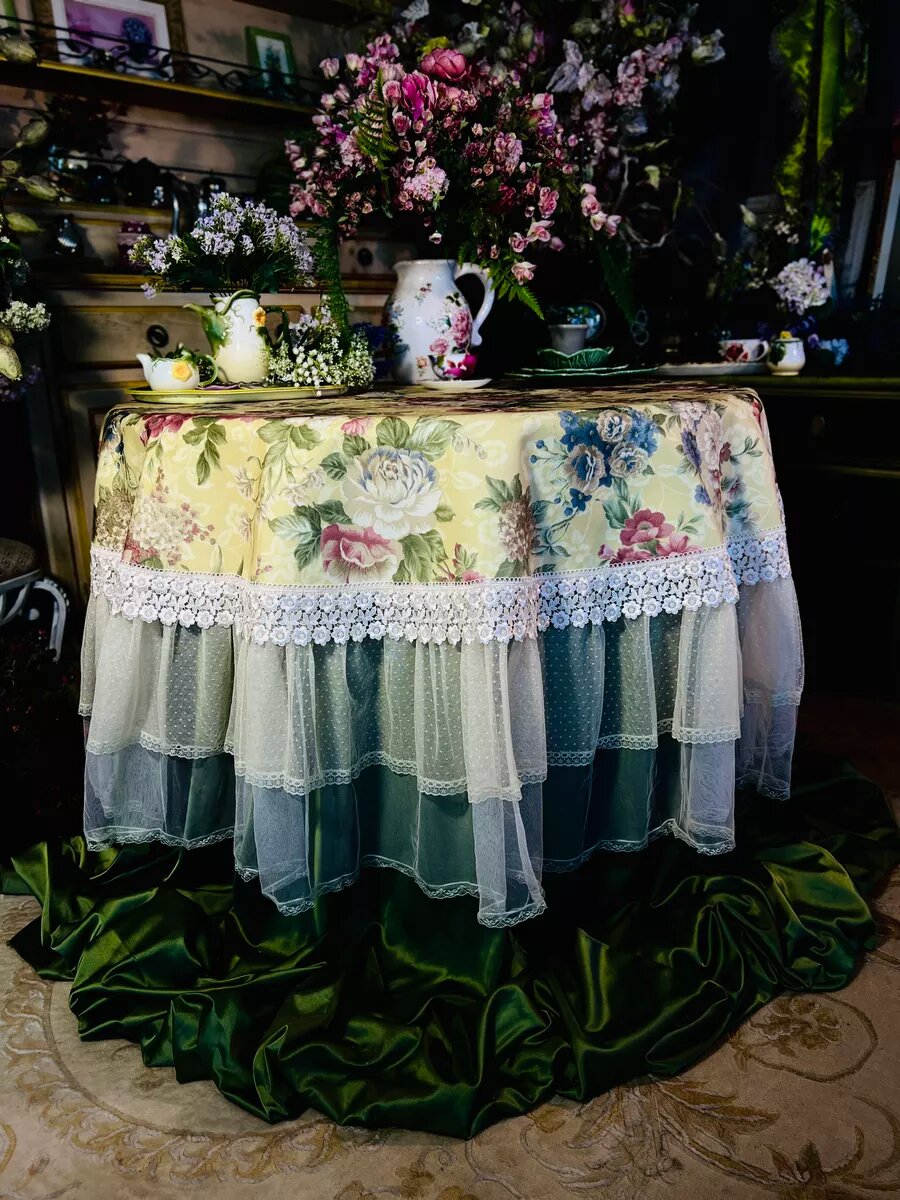 Скатерть Ajourele "Шебби Шик", рогожка, кружевная оборка, песочная