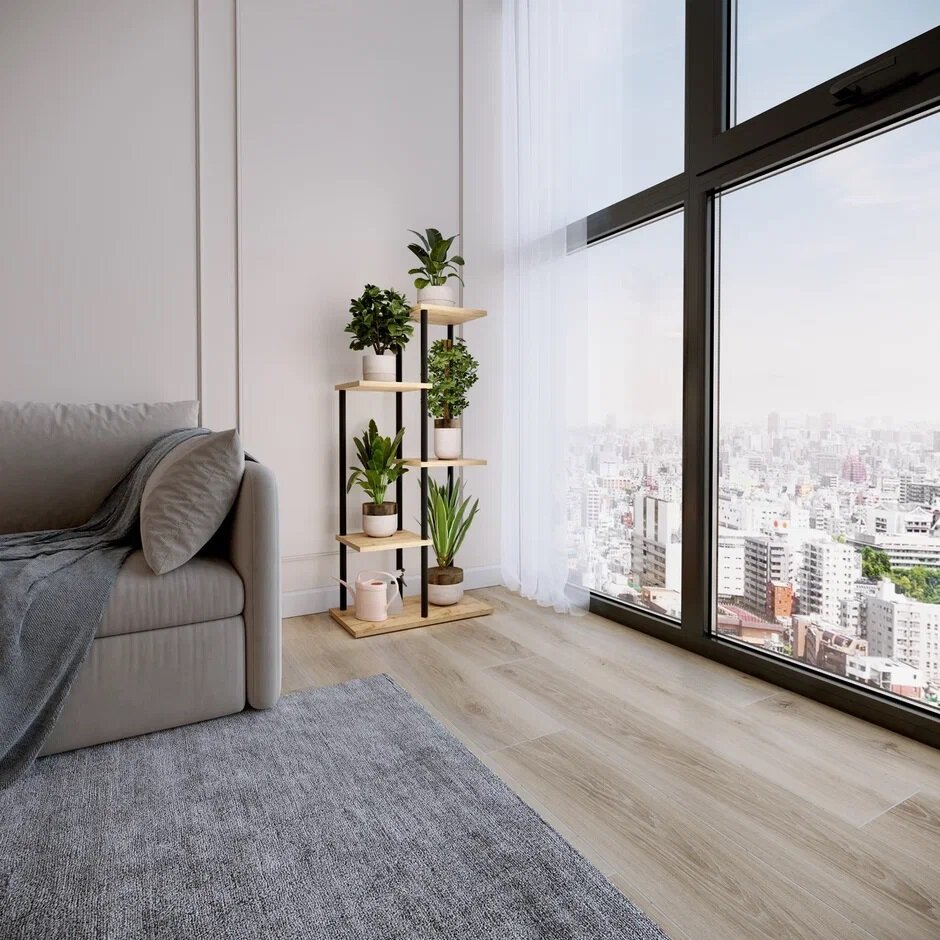 Этажерка ЗМИ Шафран15Л, для цветочных кашпо, металлические стойки, деревянные полки, шестиместная, высота 1 м, черная ПДЦШ15ЛЧ