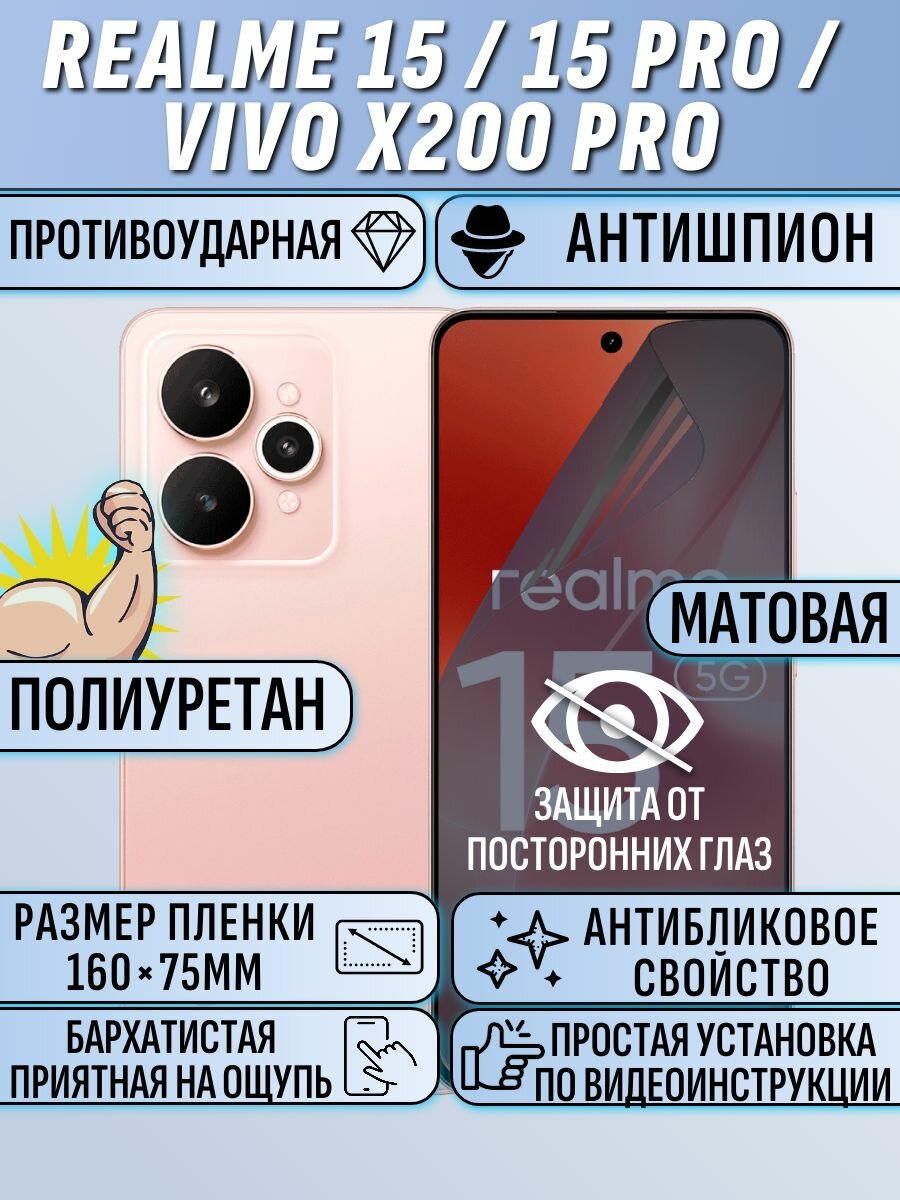 Гидрогелевая пленка Realme 15 / 15 Pro / Vivo X200 Pro антишпион матовая