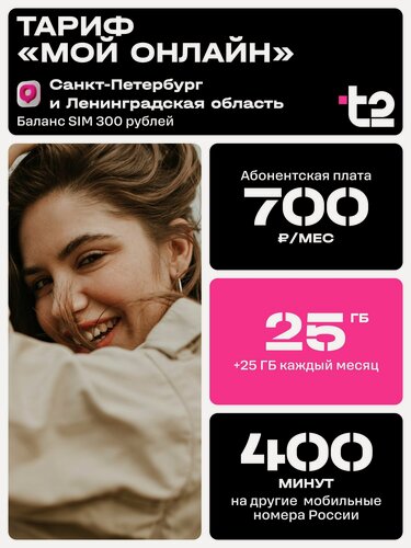 Изображение товара Сим-карта t2 Тариф Мой онлайн для Санкт-Петербурга и Ленинградской области