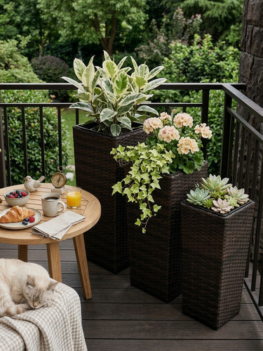 Изображение товара Набор из трёх садовых кашпо для цветов из искуственного ротанга, шоколад