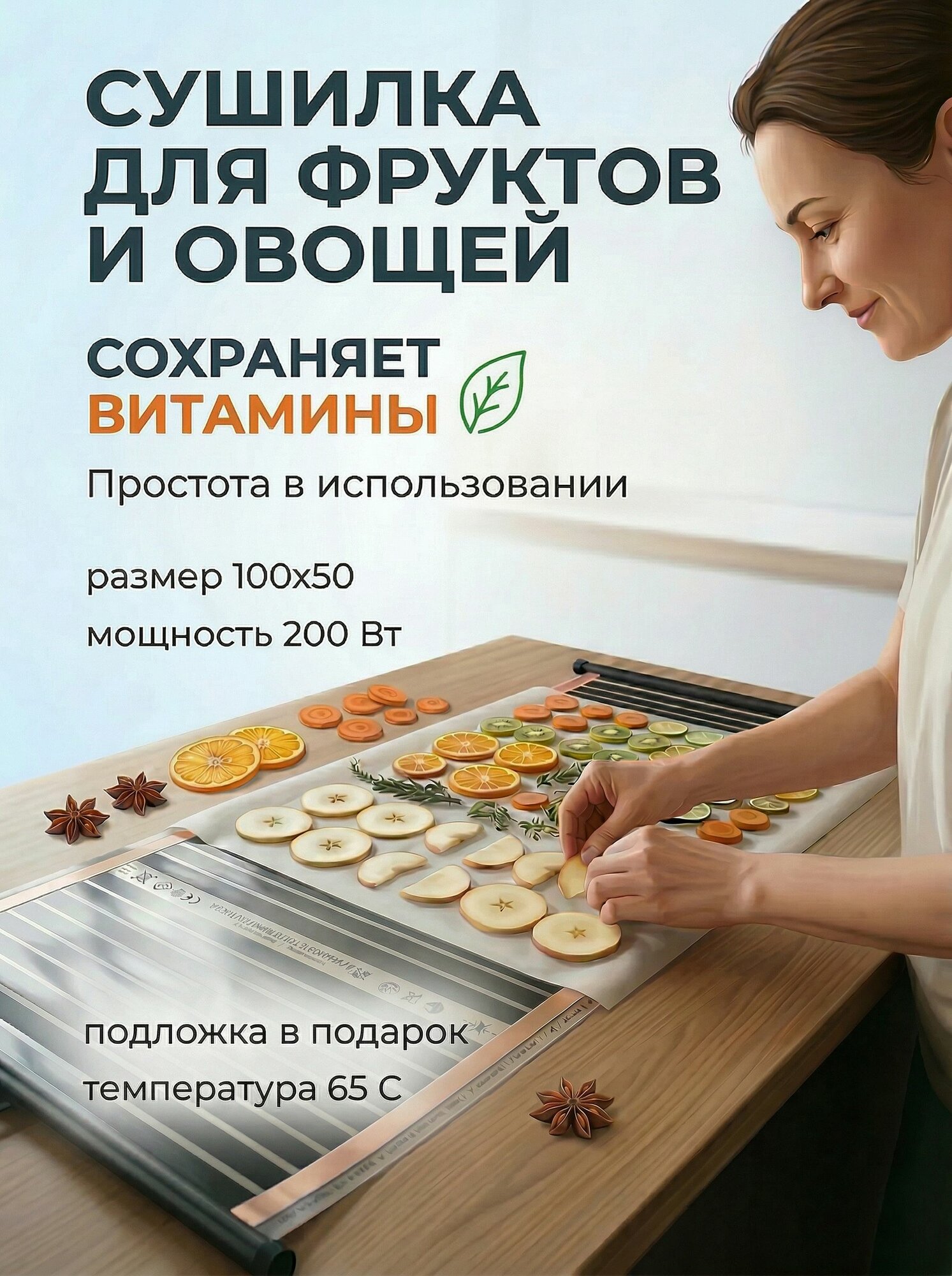 Сушилка инфракрасная для фруктов и овощей,100х50 см, 200Вт