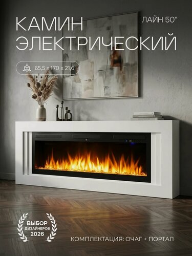 Изображение товара Камин электрический Fires Merlin Лайн WT 50 c Emerald 50, пульт ДУ, имитация звука и пламени