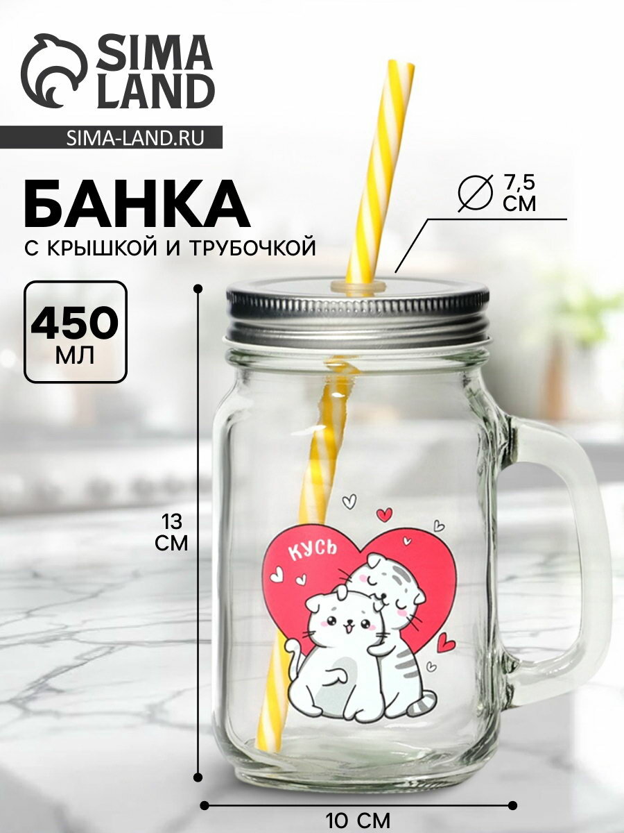 Банка с крышкой и трубочкой "Котик", 450 мл, 10x7.5x13 см, цвет: прозрачный