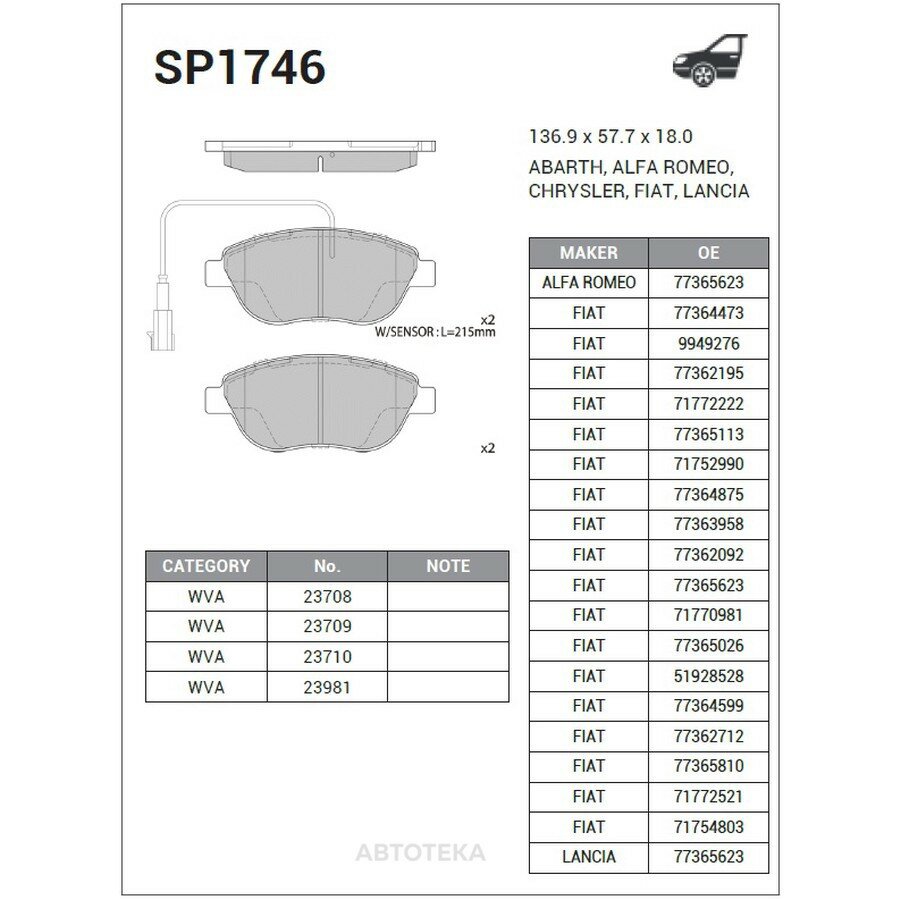 Колодки тормозные передние CITROEN NEMO (2008- ) PEUGEOT BIPPER (2008- ) FIAT BRAVO II 198 (2006- )/ DOBLO I (2001- )/ FIORINO IV (2007- )/ SIENA (1997-2012) SANGSIN BRAKE SP1746