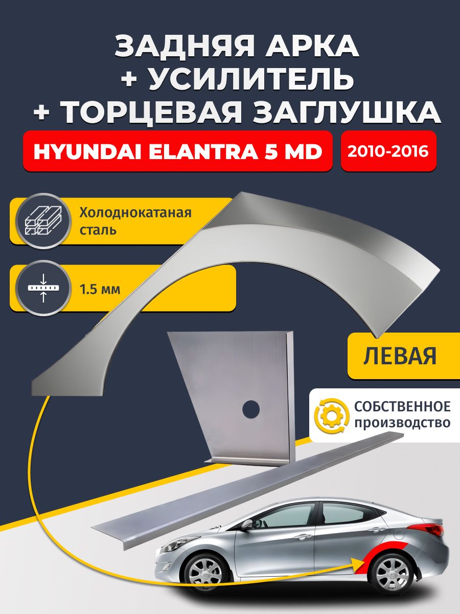 Левая ремонтная задняя арка (0,8 мм) + торцевая заглушка (1,5 мм) + усилитель (1,5 мм) на Hyundai Elantra 5 MD 2010-2016 седан (Элантра МД). Холоднокатаная сталь