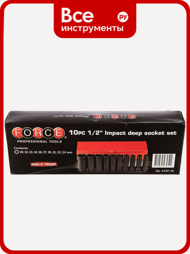 Изображение товара Набор 6 гранных ударных головок 1/2" FORCE 4107-10 из CrMo, квадратное крепление с отверстием, для нагрузки