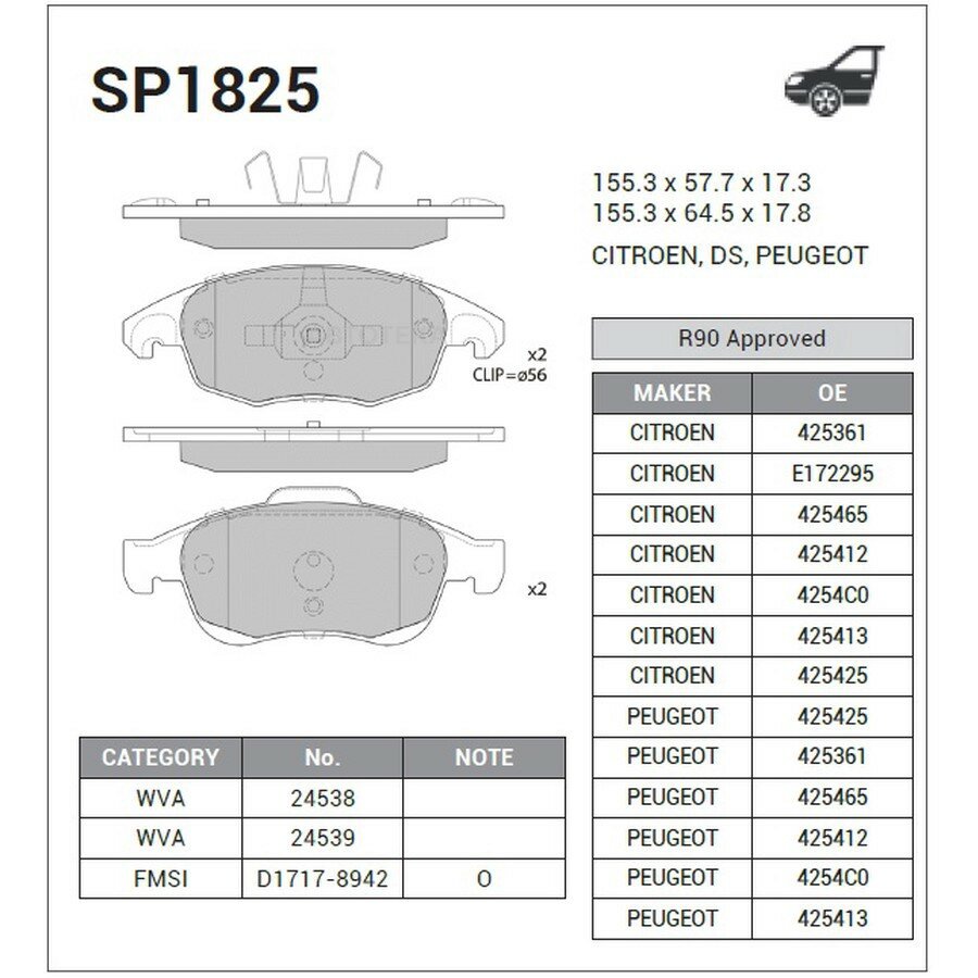 Колодки торм. дисковые Hi-Q CITROEN DS4 11- (D1717) SANGSIN BRAKE SP1825