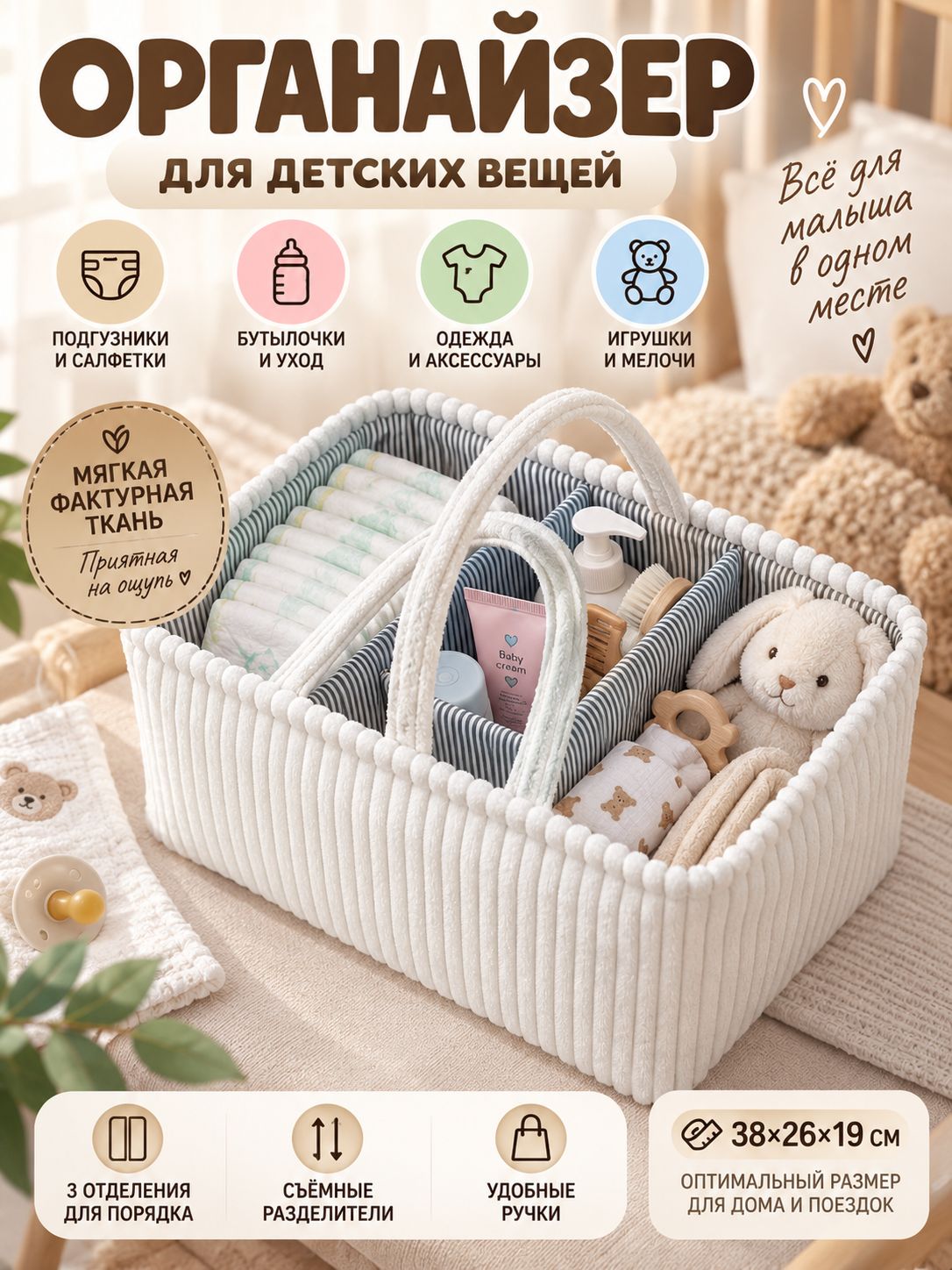 Органайзер для игрушек 38x26x19 см 1 шт велюр искусственный