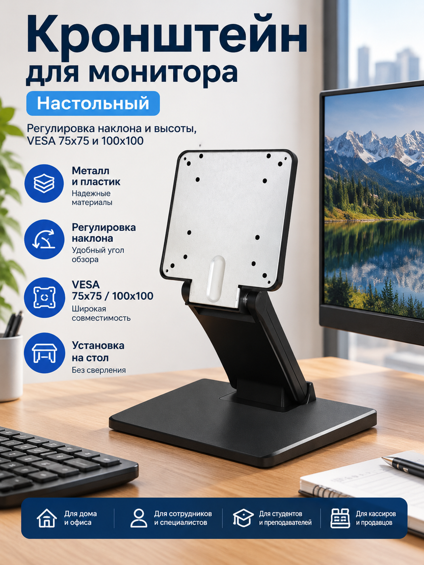 Настольный кронштейн-подставка для монитора: регулировка наклона и высоты, VESA 75x75 и 100x100