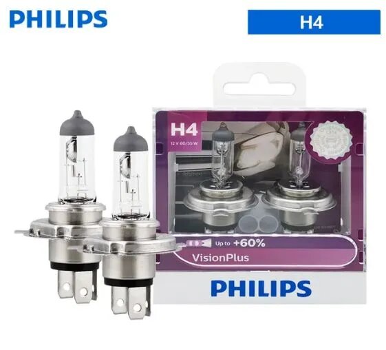 Philips Лампа автомобильная H4, 2 шт. арт. Vision Plus H3 12V 55W 3250K Желтый яркость +60% галогенная лампа фары автомобиля