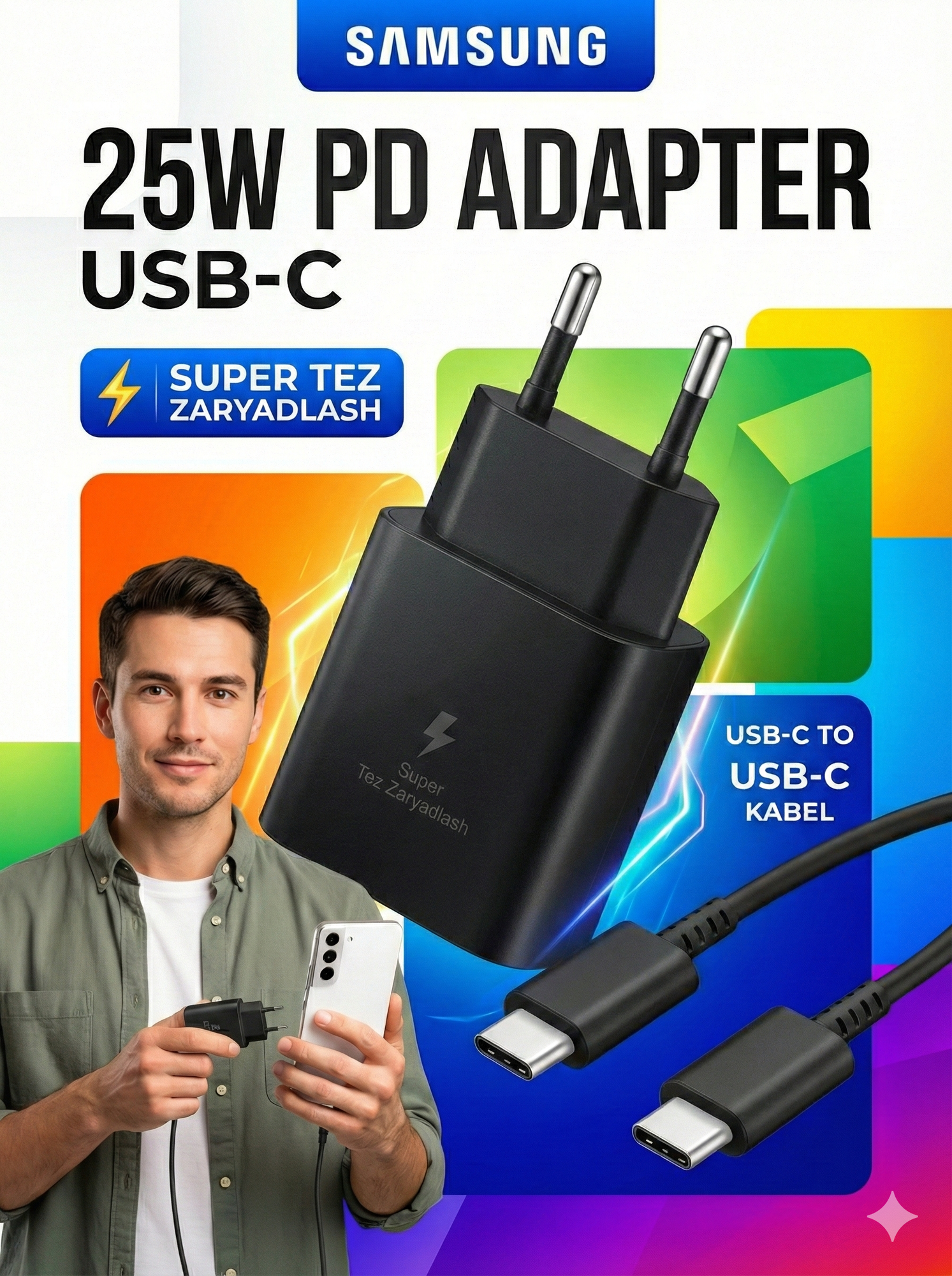 Зарядное устройство Samsung 45 Вт, 25 Вт, кабель Type-C, быстрое зарядное устройство — фото 1