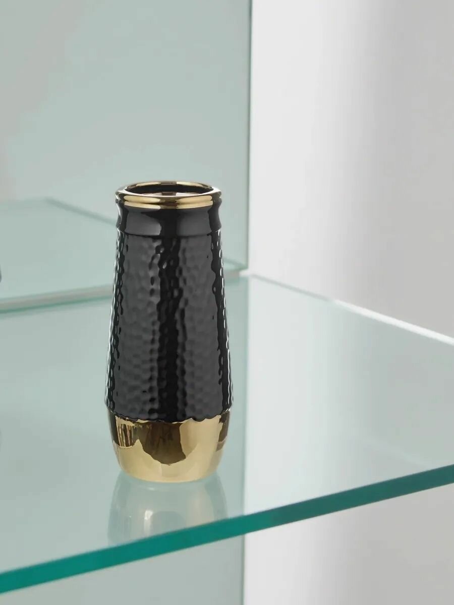 Ваза Синий квадрат, настольная, керамика, 20x9x9 см, черная, золотистая — фото 1