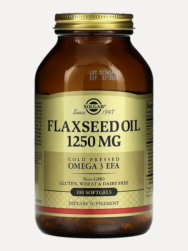 Изображение товара Solgar Flaxseed Oil, Льняное масло, 1250 мг, 100 гел. капсул