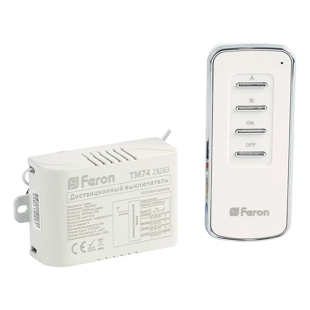 FERON TM74 выключатель дистанционный 230V 1000W 4-х канальный 30м с пультом управления, белый 23263