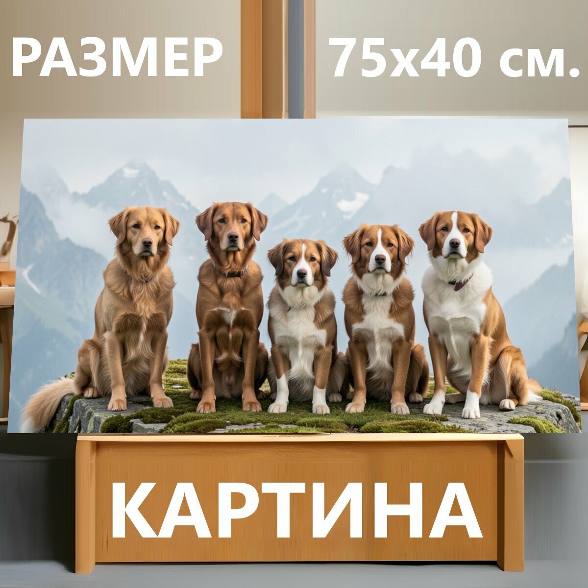Картина на холсте "Пять собак на горном утесе. Пятеро золотистых псов сидят на покрытом мхом каменном выступе на фоне туманных альпийских." на подрамнике 75х40 см. для интерьера