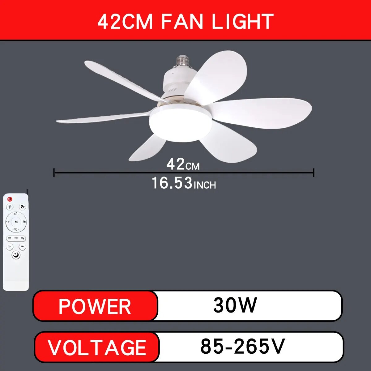 Потолочный вентилятор 42см LED 30W с пультом, LIGHT-30W