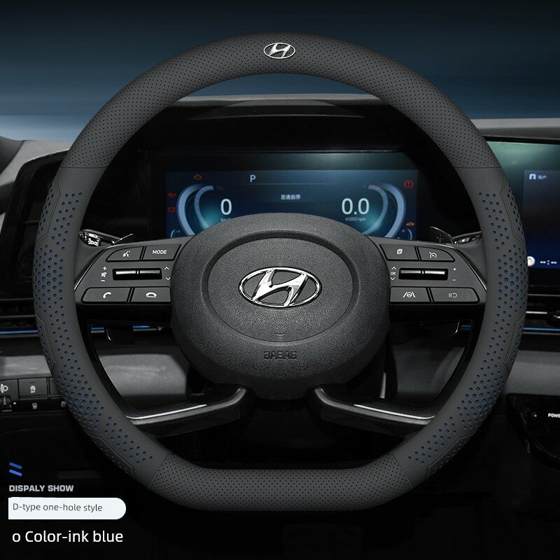 Накладка на руль Hyundai Tucson 2015-2020 из глубокой сине-черной кожи с логотипом - дышащая, нескользящая, мягкая,