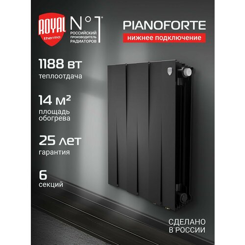фото Радиатор отопления биметаллический royal thermo pianoforte 500 чёрный vr80 - 6 секц, нижнее подключение