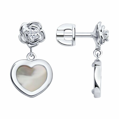 фото Серьги diamant online, серебро, 925 проба, родирование, перламутр, фианит, длина 1.8 см, , белый