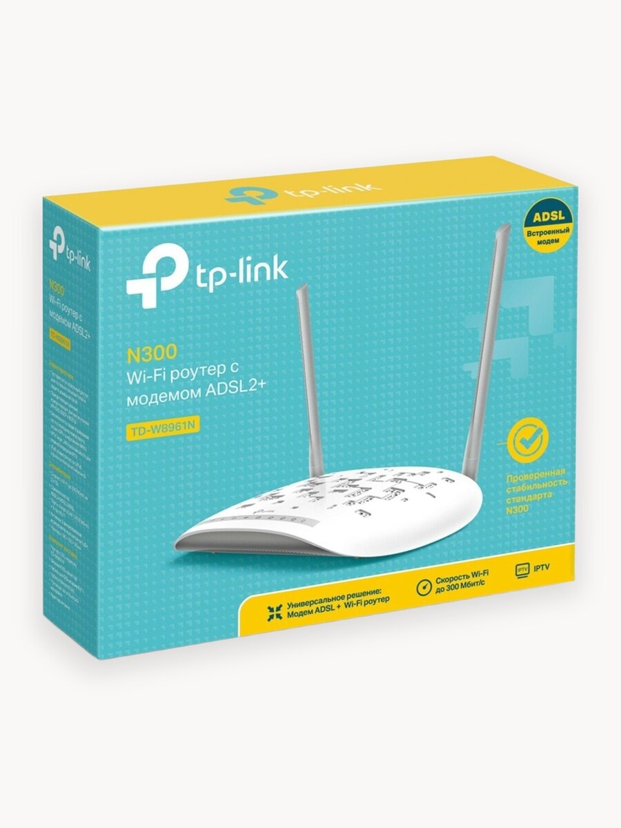 Wi-Fi Роутер TP-Link TD-W8961N, ADSL2+, 2.4ГГц N300, 1xRJ11, 4xRJ45 100Мбит/с