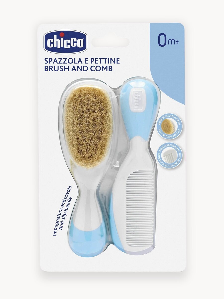 Chicco Расчёска и щётка для новорождённых, набор для ухода за волосами, голубой