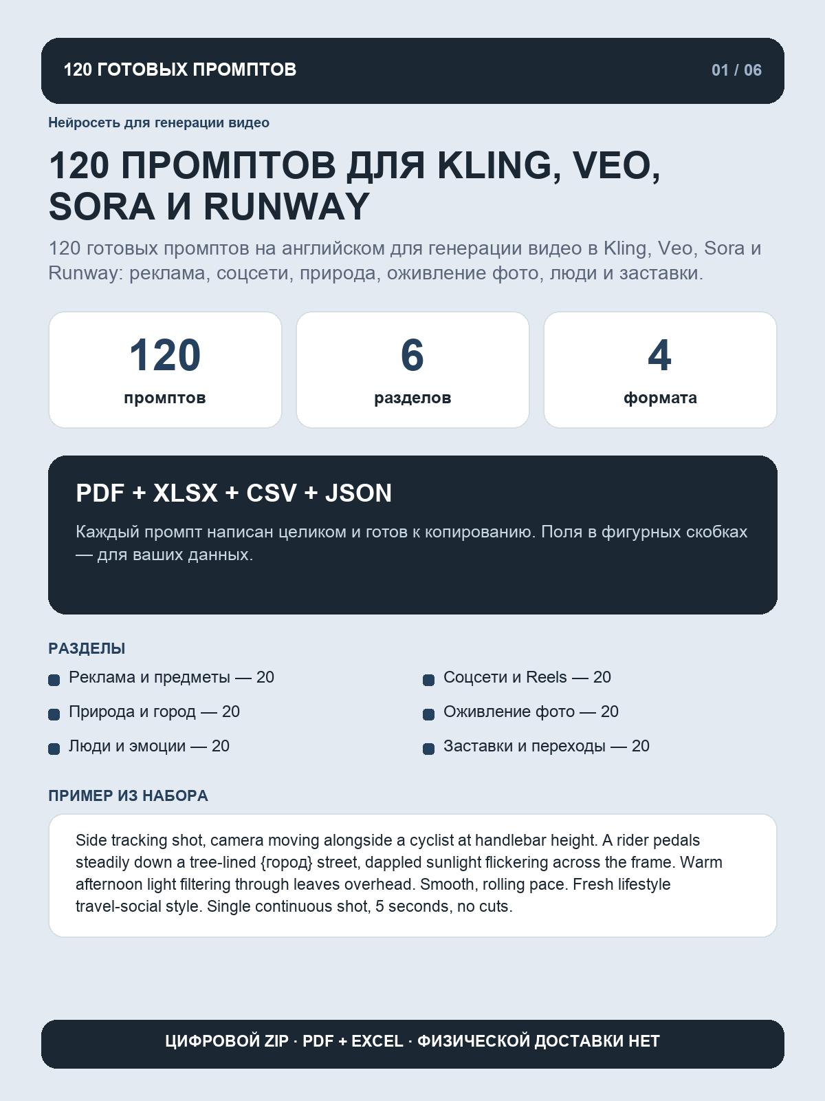 Нейросеть для генерации видео: 120 промптов для Kling, Veo, Sora и Runway, цифровой ZIP PDF Excel