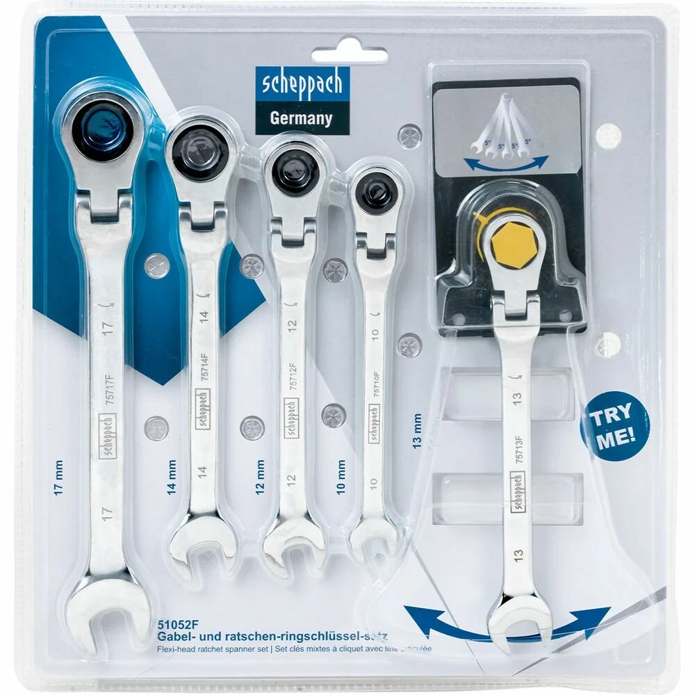 Scheppach Ключи комбинированные трещоточные с шарниром, набор 5 предметов (10, 12-14, 17мм) Sch-51052F(64813)
