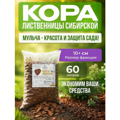 фото Мульча из коры сибирской лиственницы / мульча для сада / мульча большая фракция 10+ см / мешок 60л / экоторг