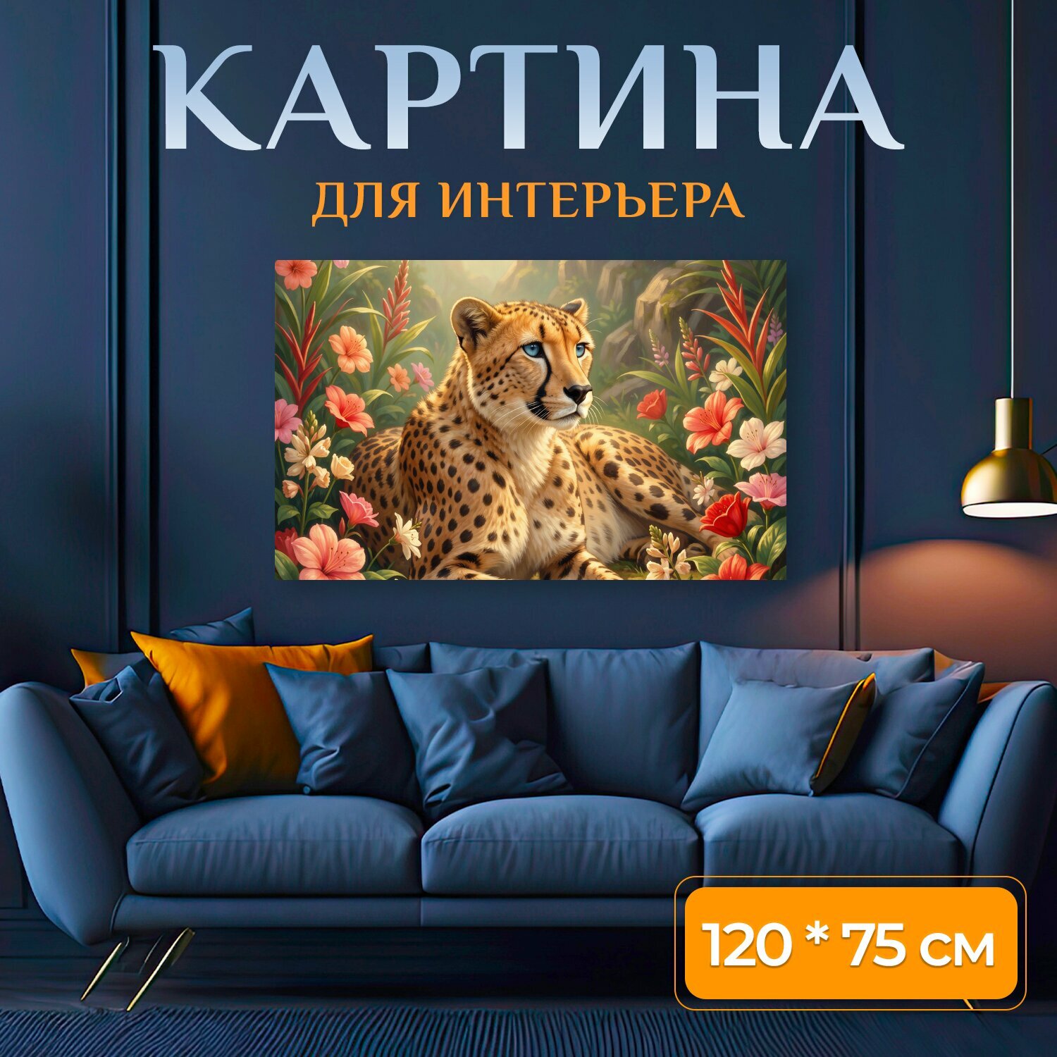 Картина на холсте "Гепард среди тропических цветов. Хищная кошка с голубыми глазами в густых джунглях, окруженная яркими цветами и зеленью." на подрамнике 120х75 см. для интерьера
