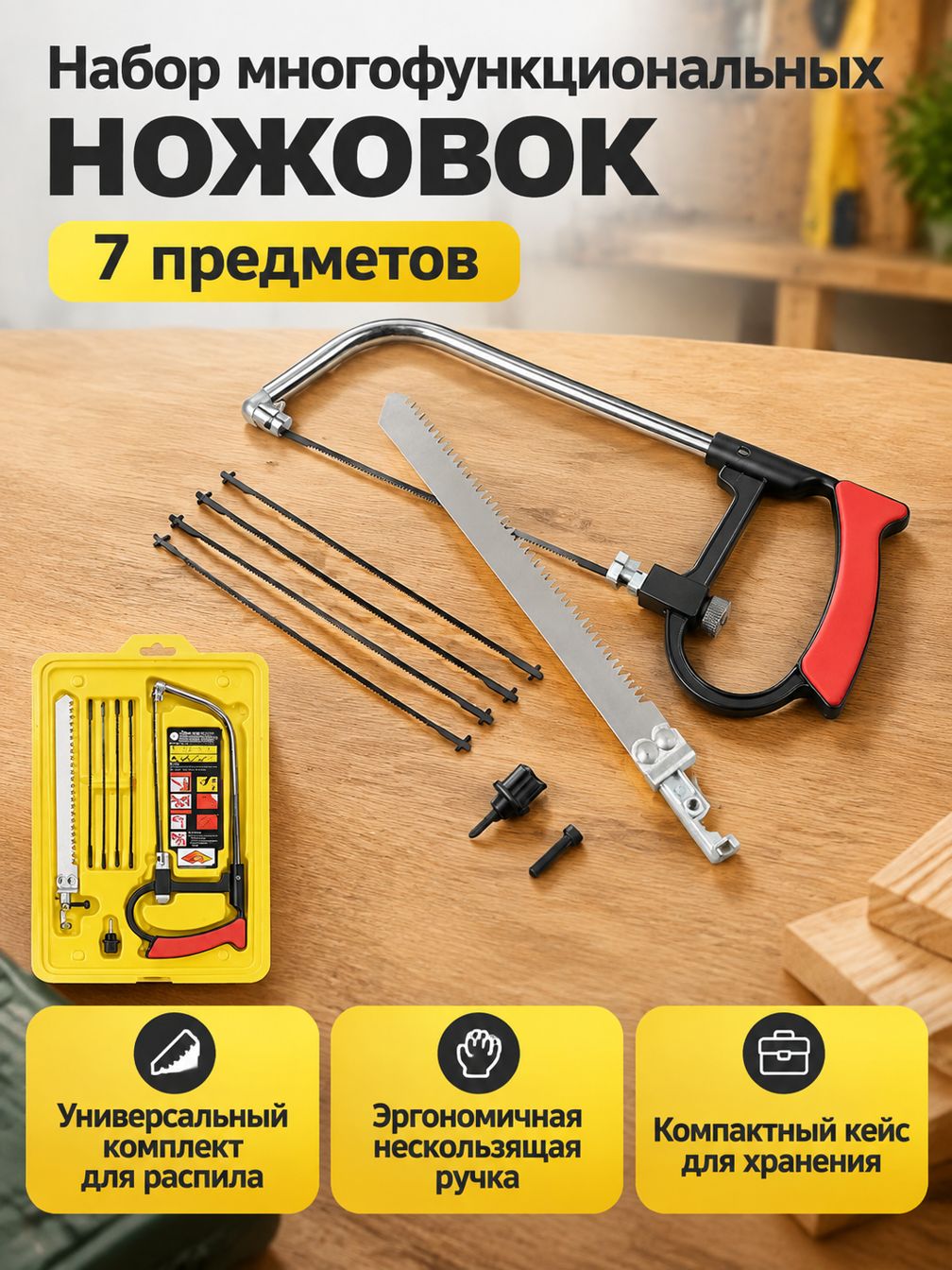 Комплект ручных пил из 7 предметов: дуговая пила, 6-дюймовые полотна с 9 и 14 TPI, центровочное керно и винт для дерева