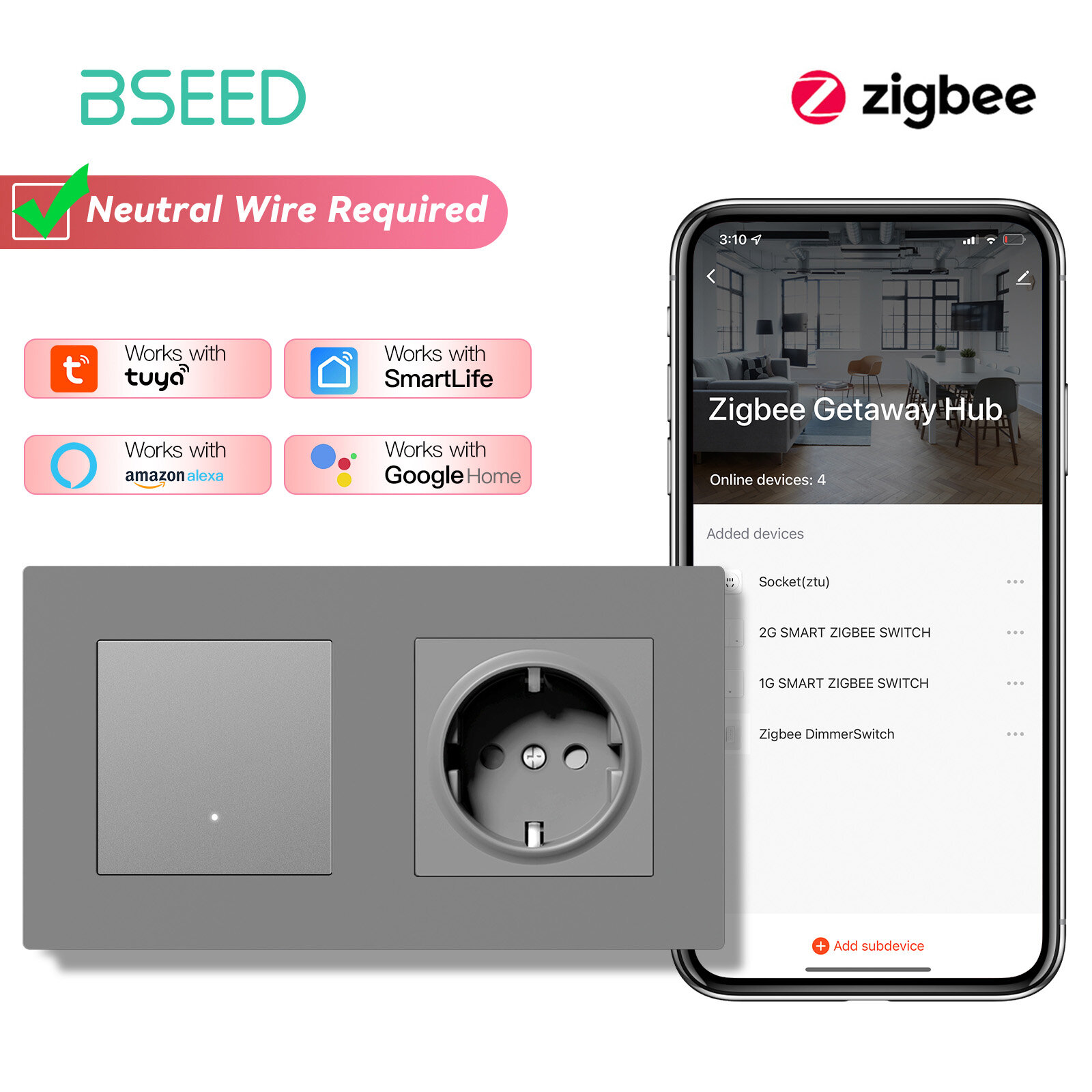 Умный выключатель с розеткой c Алисой Zigbee, Легко нажать, Пластиковая рамка, Серия E - CLICK