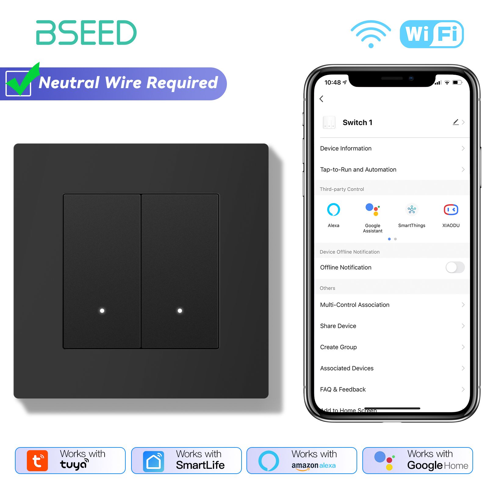 Умный выключатель c Алисой WIFI, Легко нажать, Пластиковая рамка, Серия E - CLICK