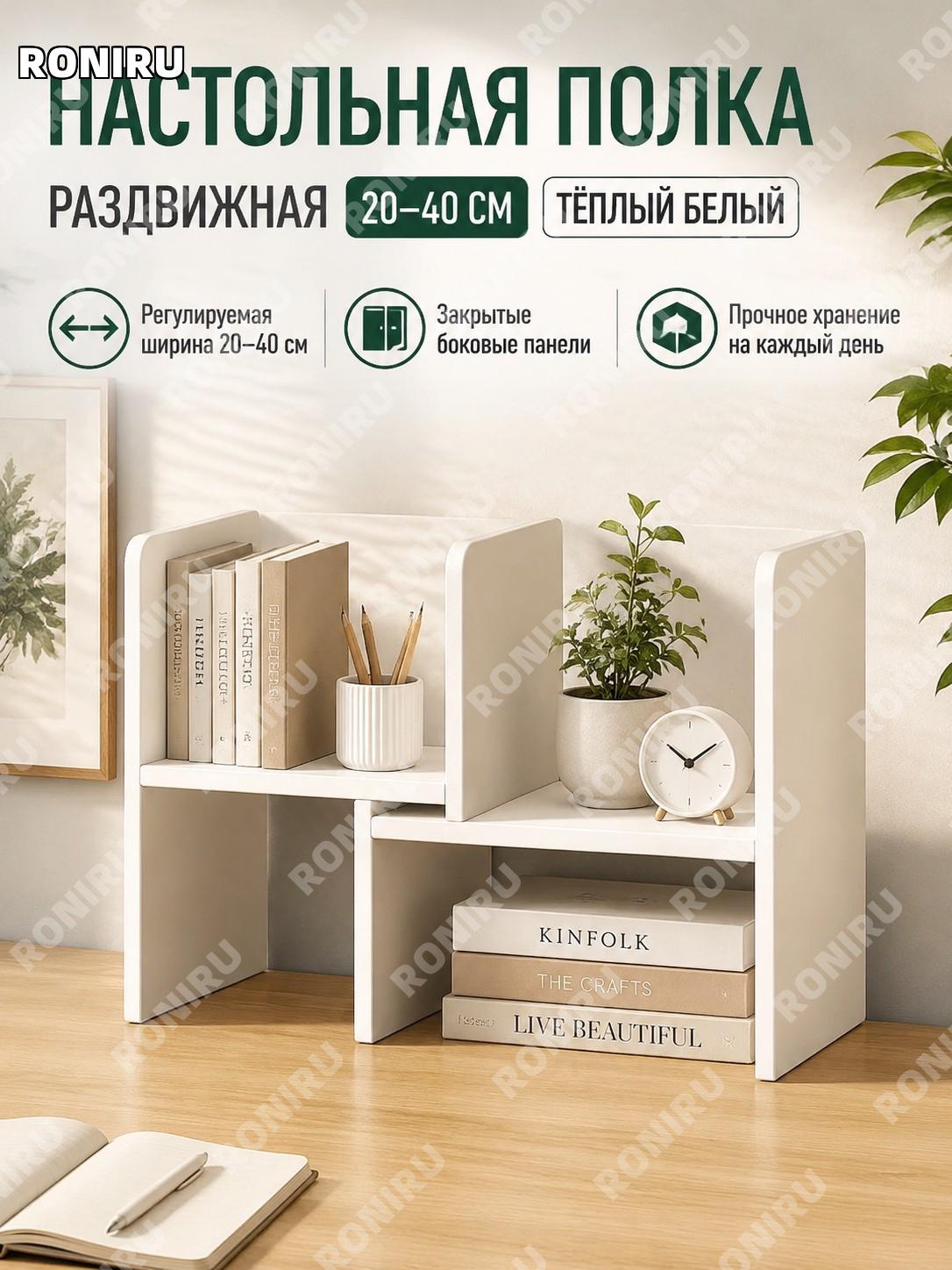 Настольный стеллаж для книг 20-40 см с закрытыми дверцами, теплый белый, выдвижная полка-органайзер для стола!