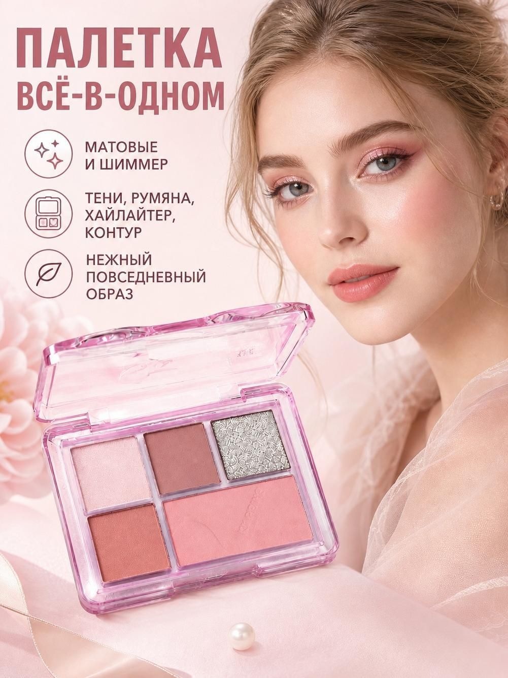 Палетка теней 5 оттенков с шиммером и матом, хайлайтер, румяна, контур для макияжа глаз и лица