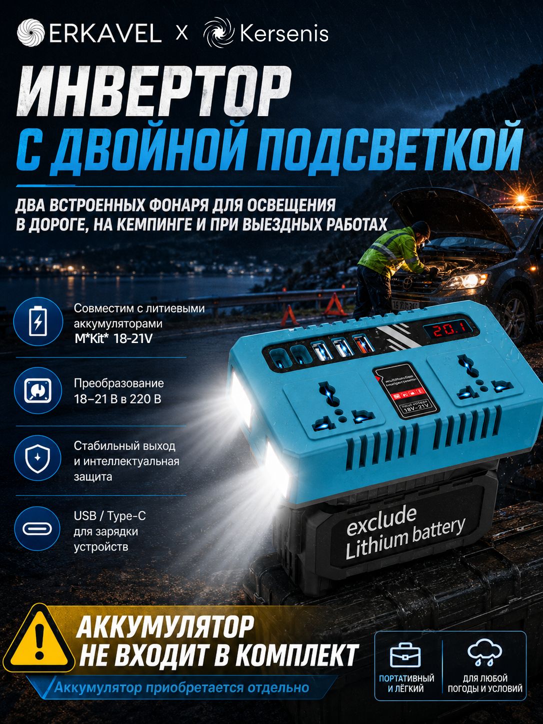 Kersenis Инвертор для литиевых батарей 150 Вт, 18-21 В до 220 В, USB/Type-C, 2 LED-фонаря, аккумуляторный инструмент