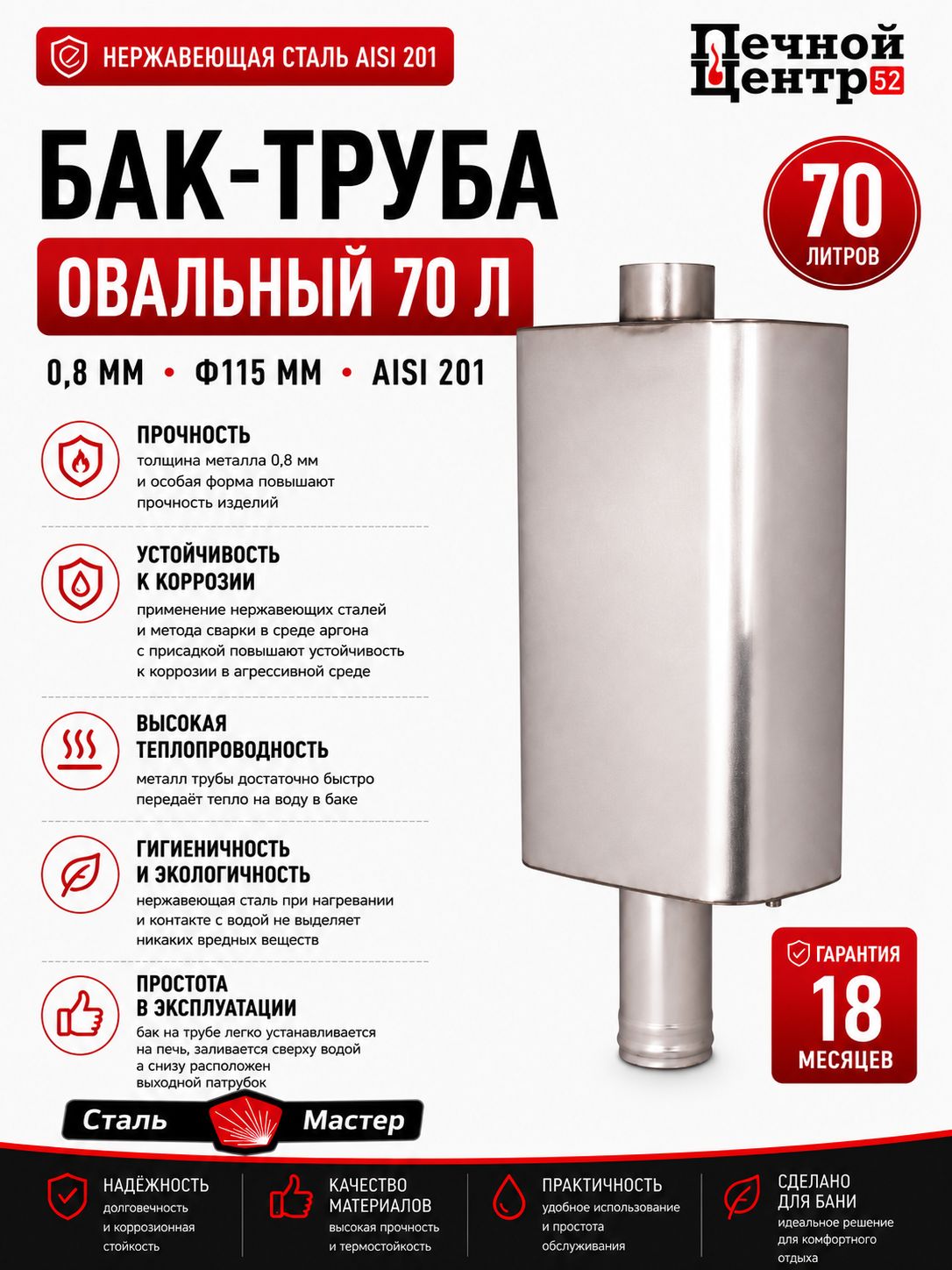 Бак-труба для бани овальный 70 л , AISI 201 0.8 мм, 115 мм Сталь-мастер