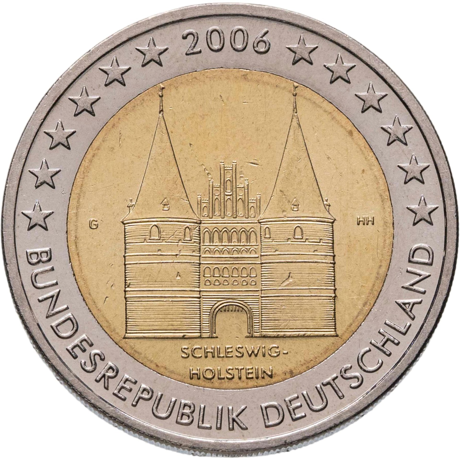 Германия 2 евро euro 2006 "Федеральные земли Германии: Шлезвиг-Гольштейн - Голштинские ворота в Любеке", знак монетного двора "G" - Карлсруэ, Биметалл