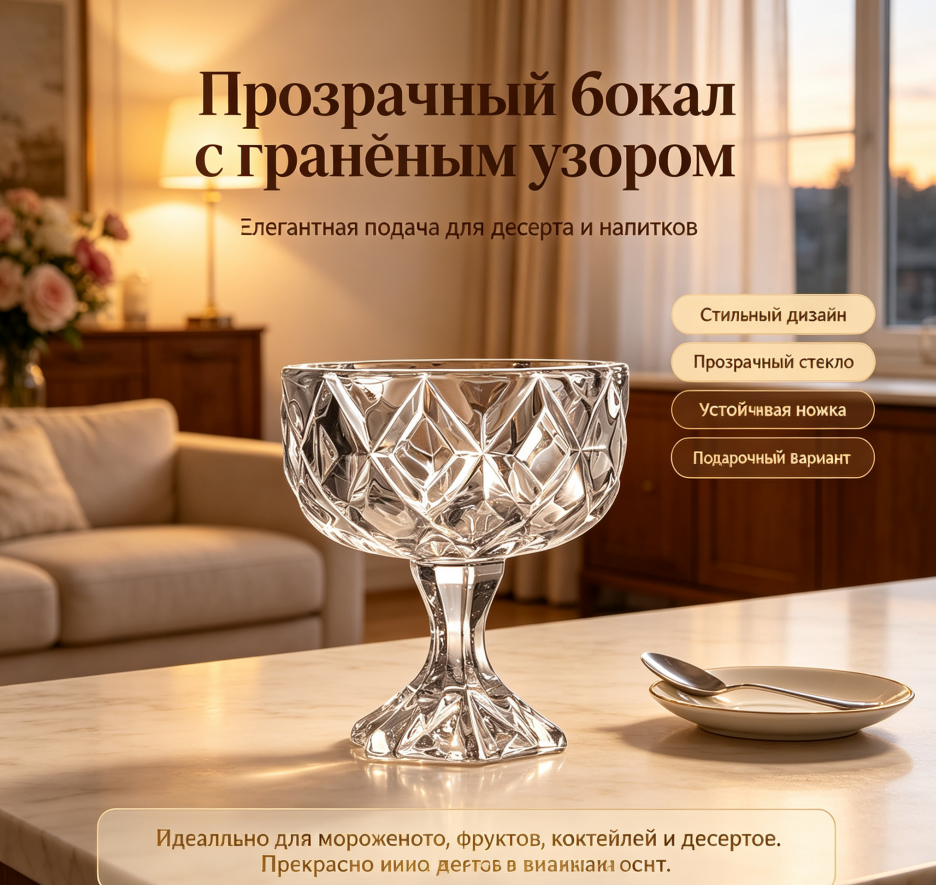 Мороженица розетка стекло ，Винтажный стеклянный бокал с рельефом для десертов, мороженого и фруктов
