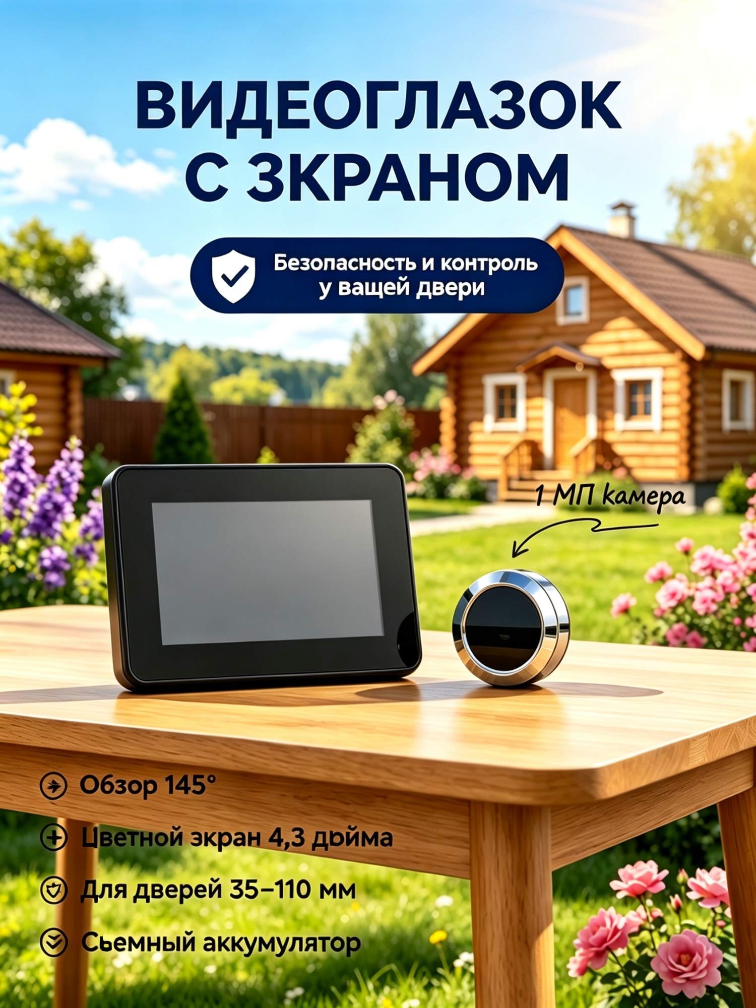 Видеоглазок для входной двери с цветным монитором 4,3″, дверной глазок с камерой, базовая версия, съемный аккумулятор