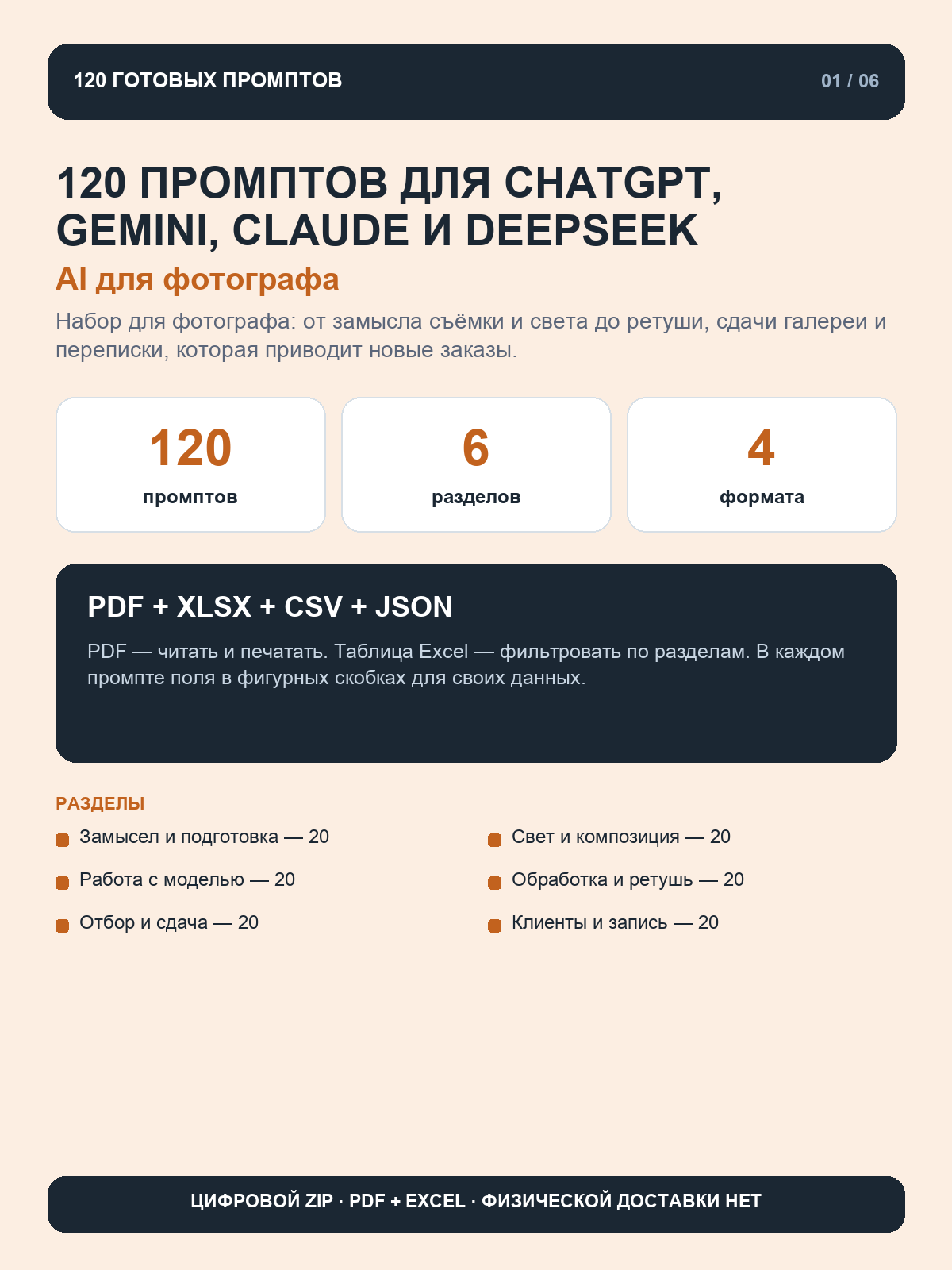 AI для фотографа: 120 промптов для ChatGPT, Gemini, Claude и DeepSeek, цифровой ZIP PDF и Excel