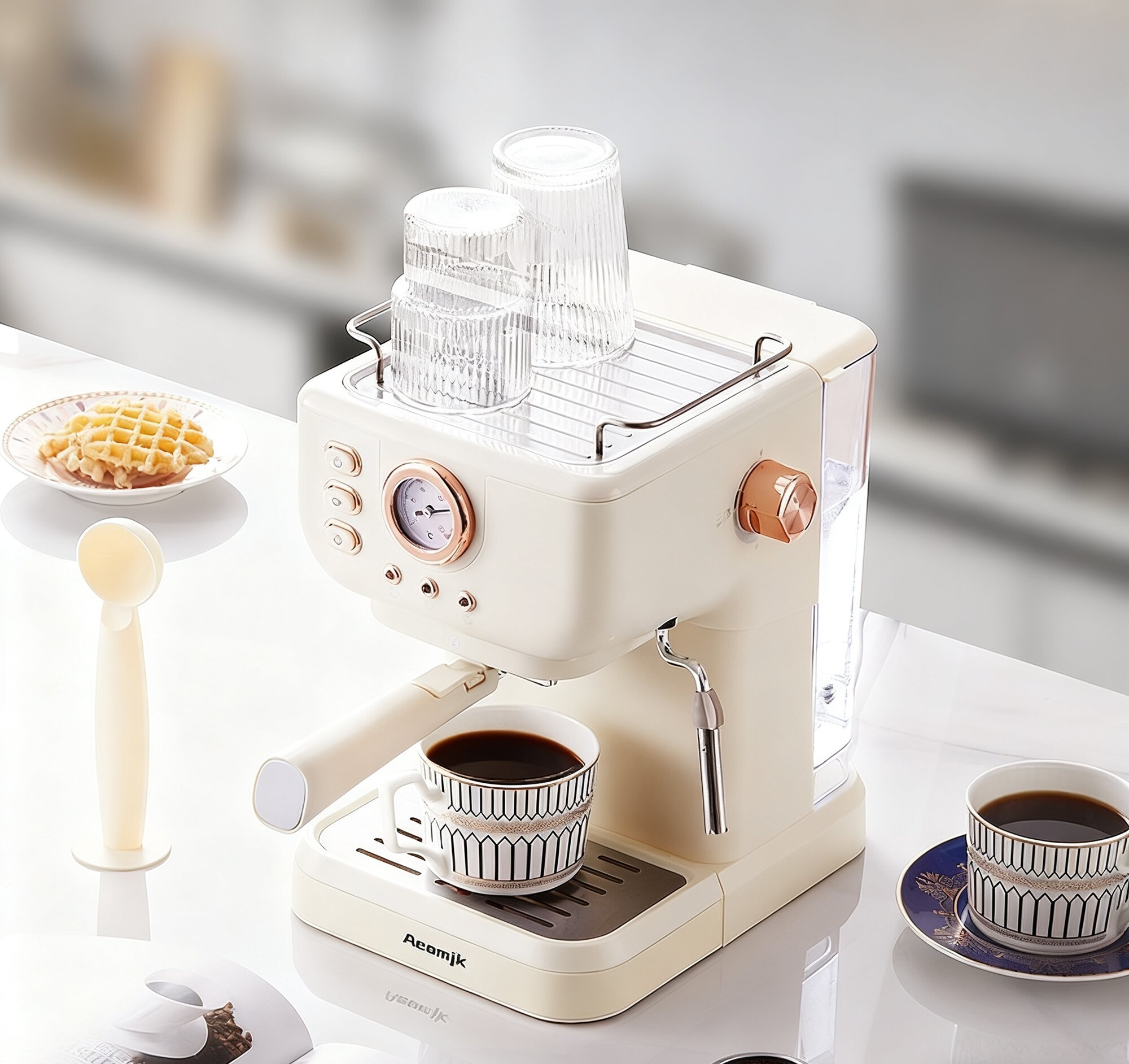Кофемашина в ретро-стилес насосом высокого давления взбиванием молока бежевый