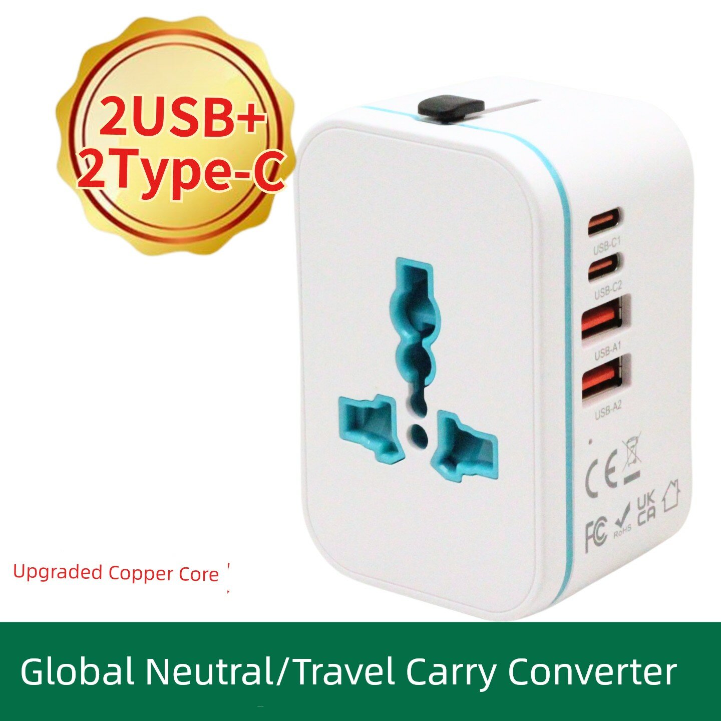 Универсальная переходная вилка для путешествий с зарядкой 20W, 2 Type-C, 2 USB, встроенный предохранитель, медный корпус