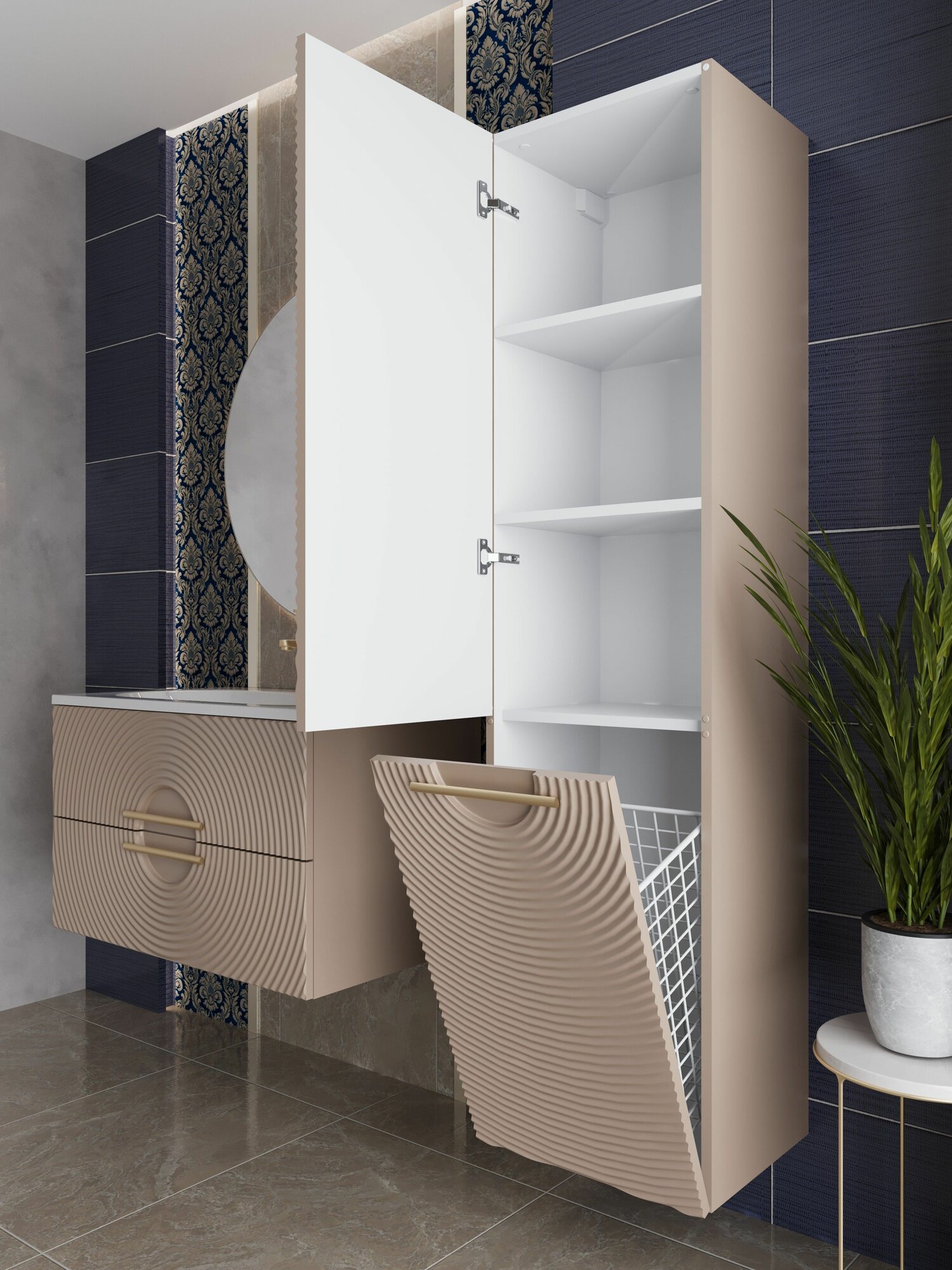 Шкаф пенал для ванной с корзиной для белья подвесной SOLE мокко аквакрафт, левое открывание