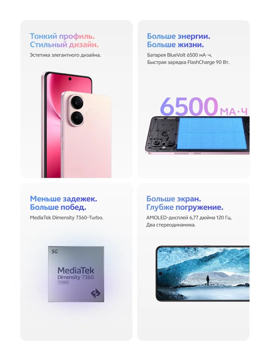 Смартфон vivo V60 Lite 5G, Android 15, 12GB/256GB, AMOLED, Элегантный черный — фото 1