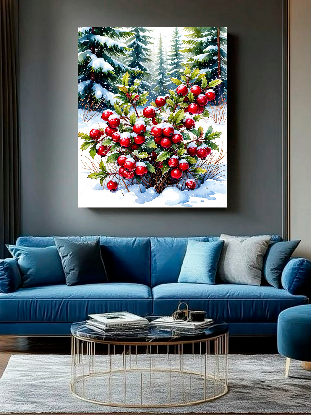 Картина на стену для интерьера "Снежная брусника" 40х50 см, холст на подрамнике, InterHobby